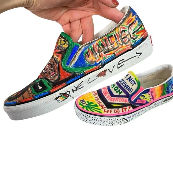VANS Sneakers Custom Hand Drawn Graffiti Slide On Shoes Women 7.5 Men 6 Upcycled - Picture 8 of 16